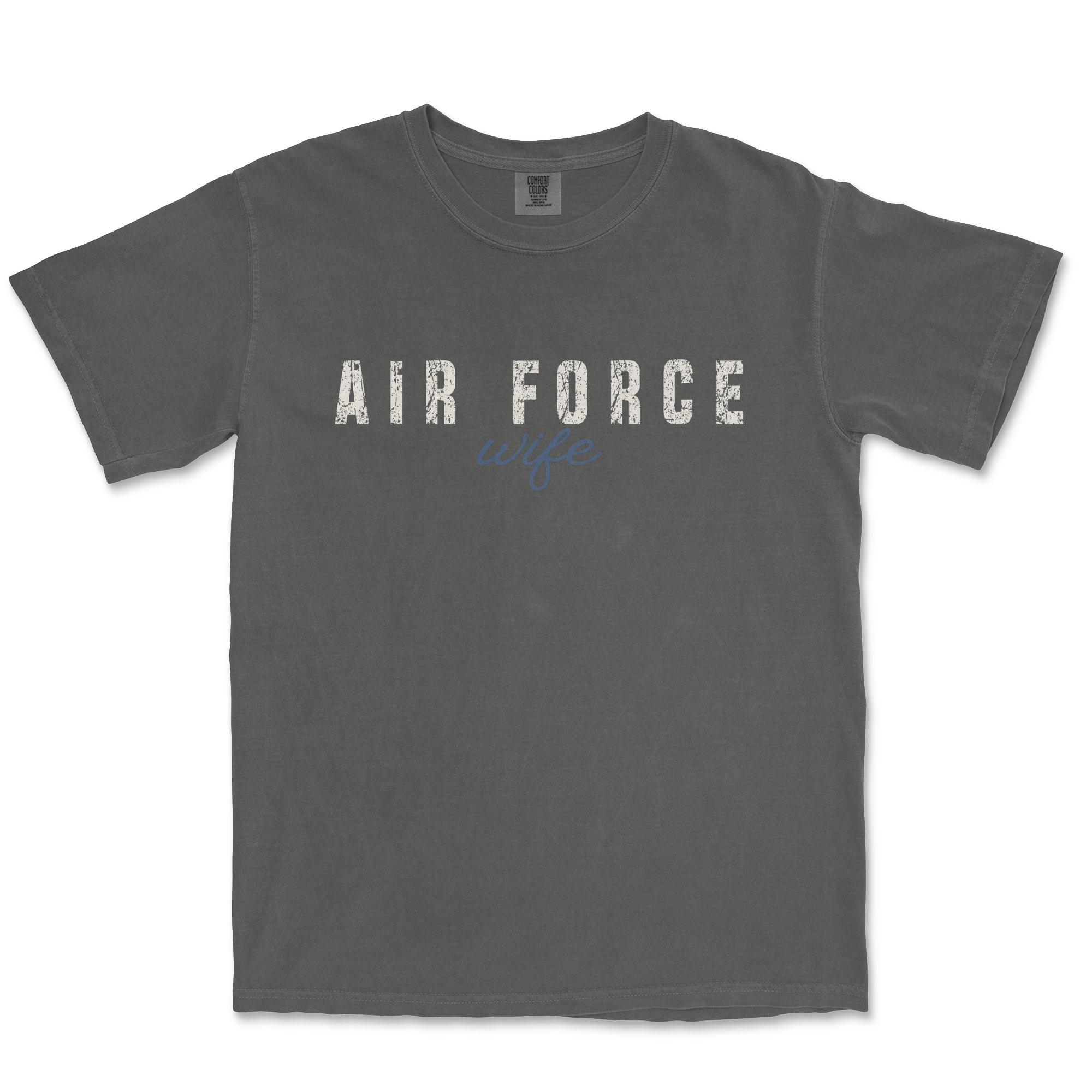 Gray t-shirt with 'AIR FORCE wife' text on a white background