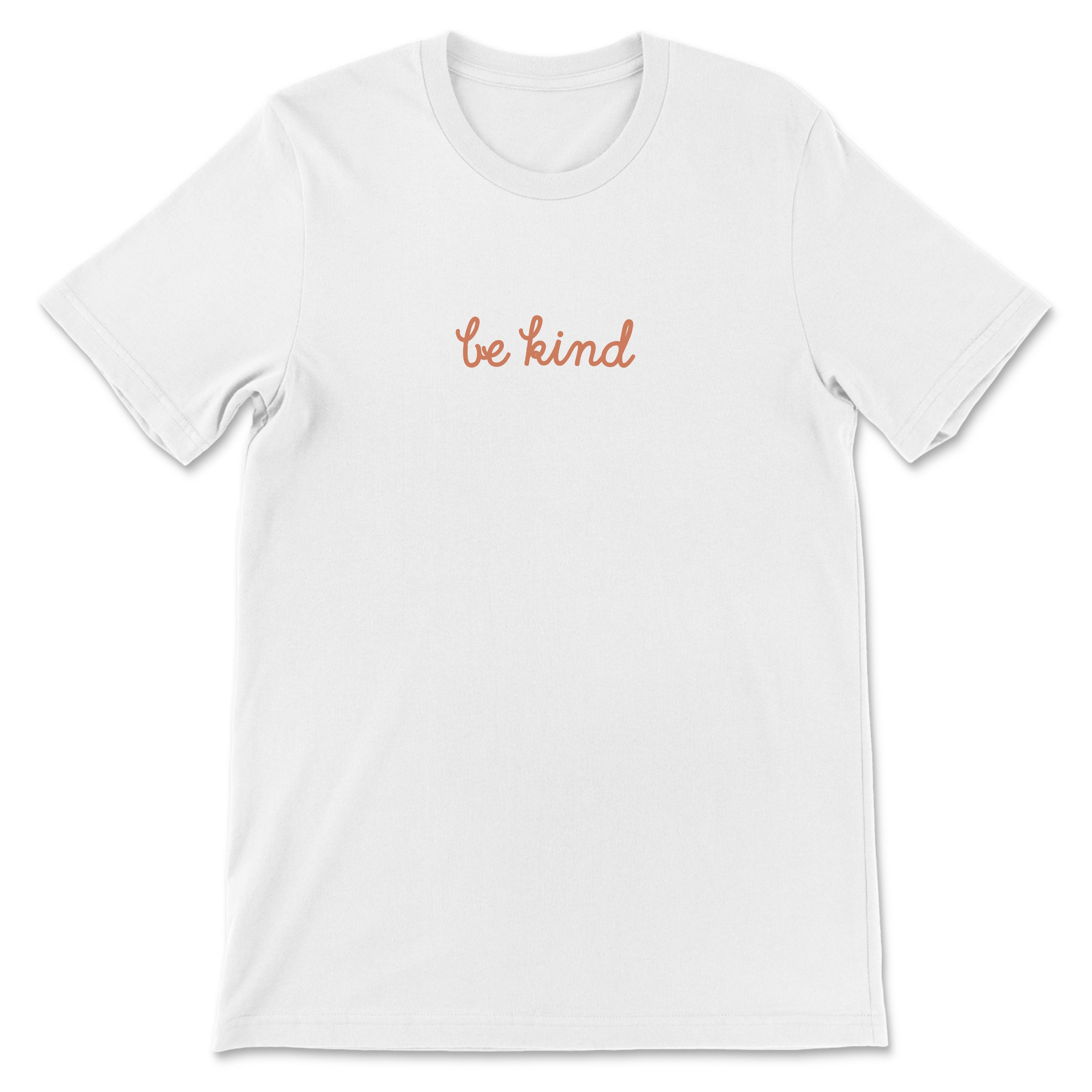 Natural tee with small “be kind” text on front chest and bold “love yourself” text across back