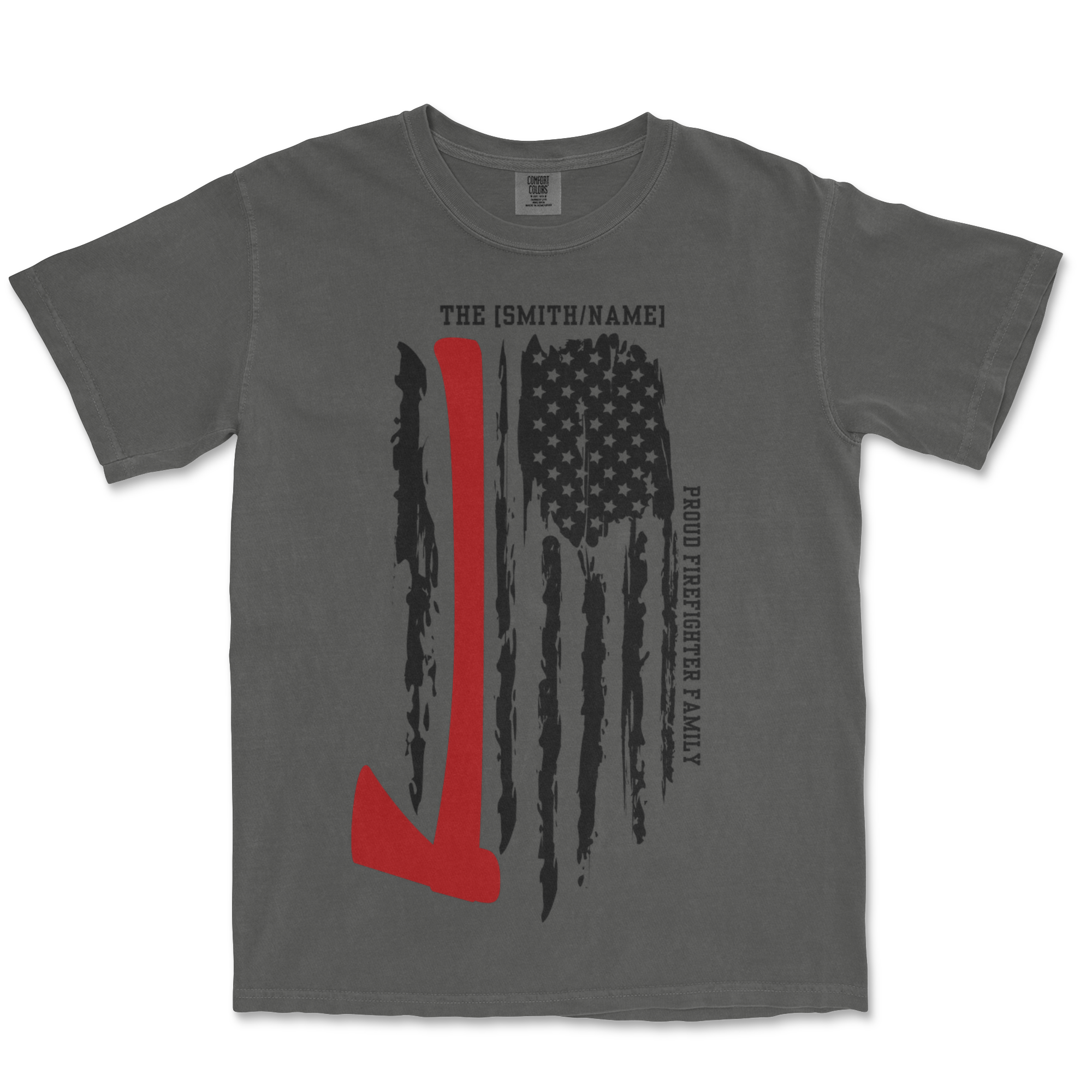 Proud Firefighter Family Shirt — Distressed Flag with Red Axe (Custom Name)