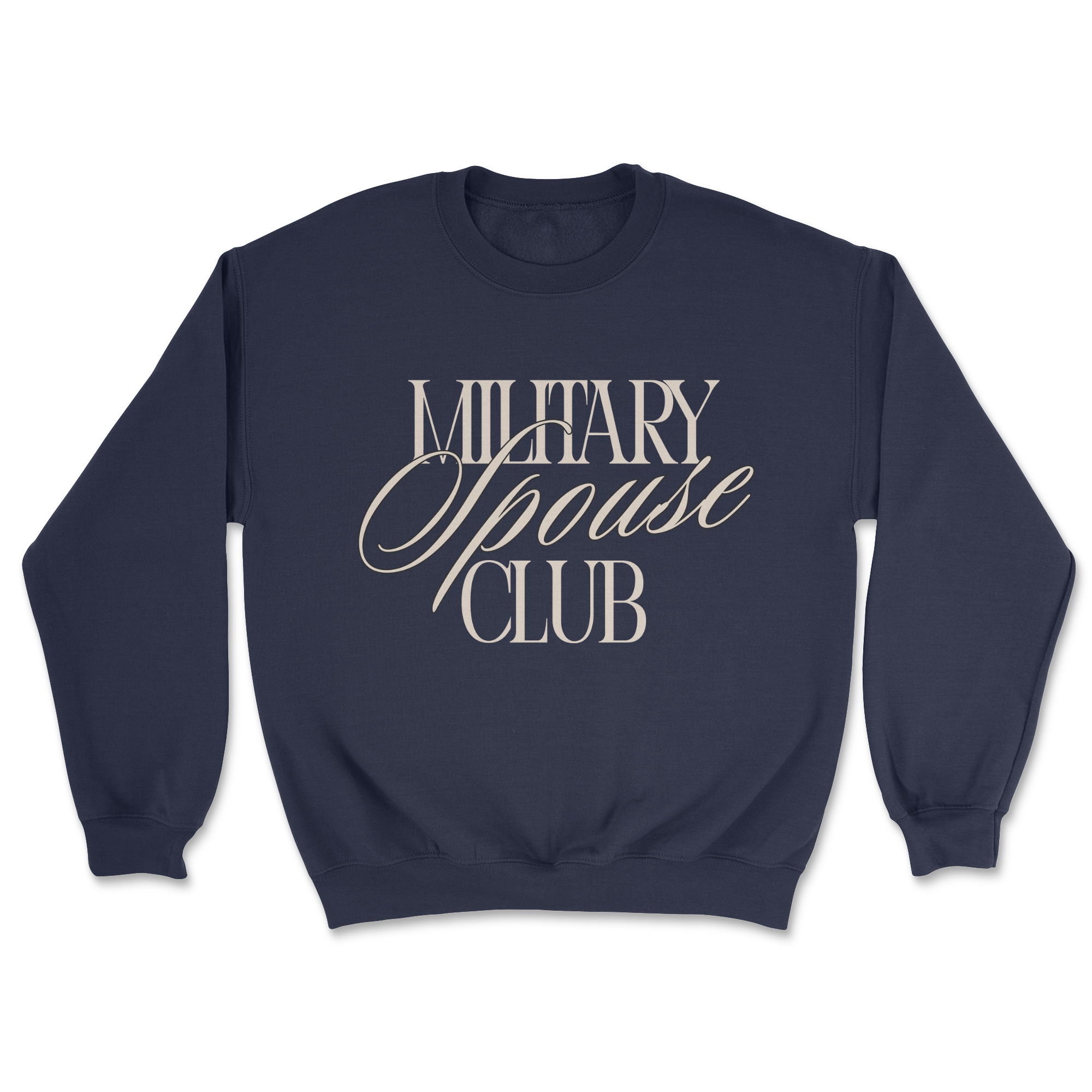 Navy blue sweatshirt with 'Military Spouse Club' text on a white background