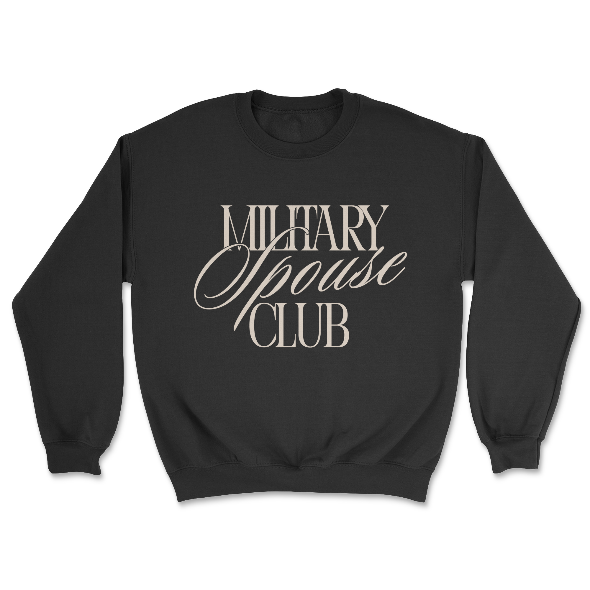 Black sweatshirt with 'Military Spouse Club' text on a white background