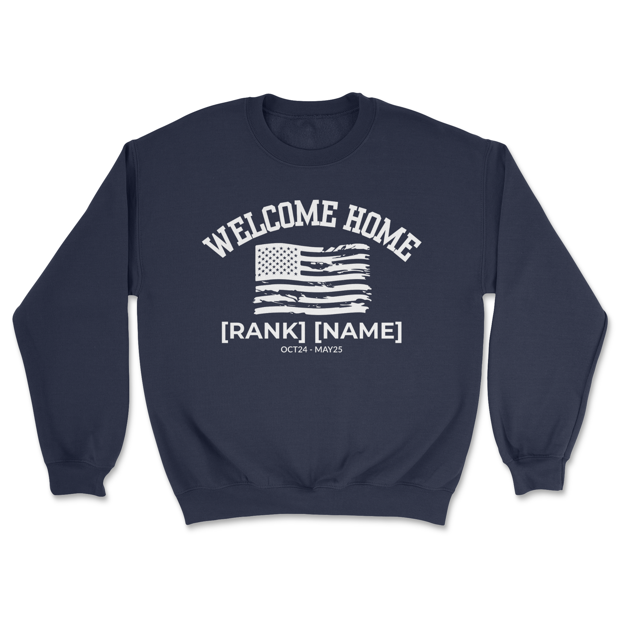 Navy blue sweatshirt with white text and American flag graphic on a white background