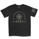 Black t-shirt with 'Born Resilient & Tough BRAT' text and star design on a white background