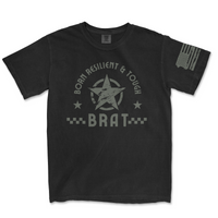 Black t-shirt with 'Born Resilient & Tough BRAT' text and star design on a white background