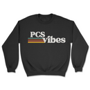 Black sweatshirt with 'PCS vibes' text on a white background