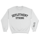 White sweatshirt with 'DEPLOYMENT STRONG' text on a white background