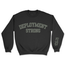 Black sweatshirt with 'DEPLOYMENT STRONG' text on a white background
