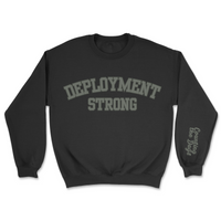 Black sweatshirt with 'DEPLOYMENT STRONG' text on a white background