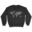 Black sweatshirt with world map design on a white background