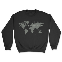Black sweatshirt with world map design on a white background