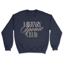 Navy blue sweatshirt with 'Military Spouse Club' text on a white background