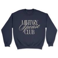 Navy blue sweatshirt with 'Military Spouse Club' text on a white background