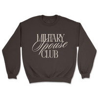 Brown sweatshirt with 'Military Spouse Club' text on a white background