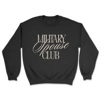 Black sweatshirt with 'Military Spouse Club' text on a white background