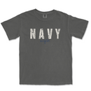 Gray t-shirt with 'NAVY wife' text on a white background