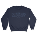 Navy blue sweatshirt with 'NURSE' text on a white background