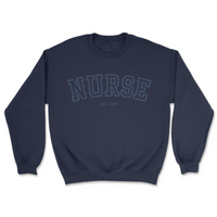 Navy blue sweatshirt with 'NURSE' text on a white background