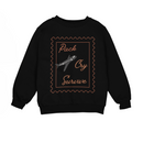 Black sweatshirt with airplane and text design on a white background