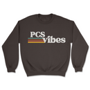 Brown sweatshirt with 'PCS vibes' text on a white background