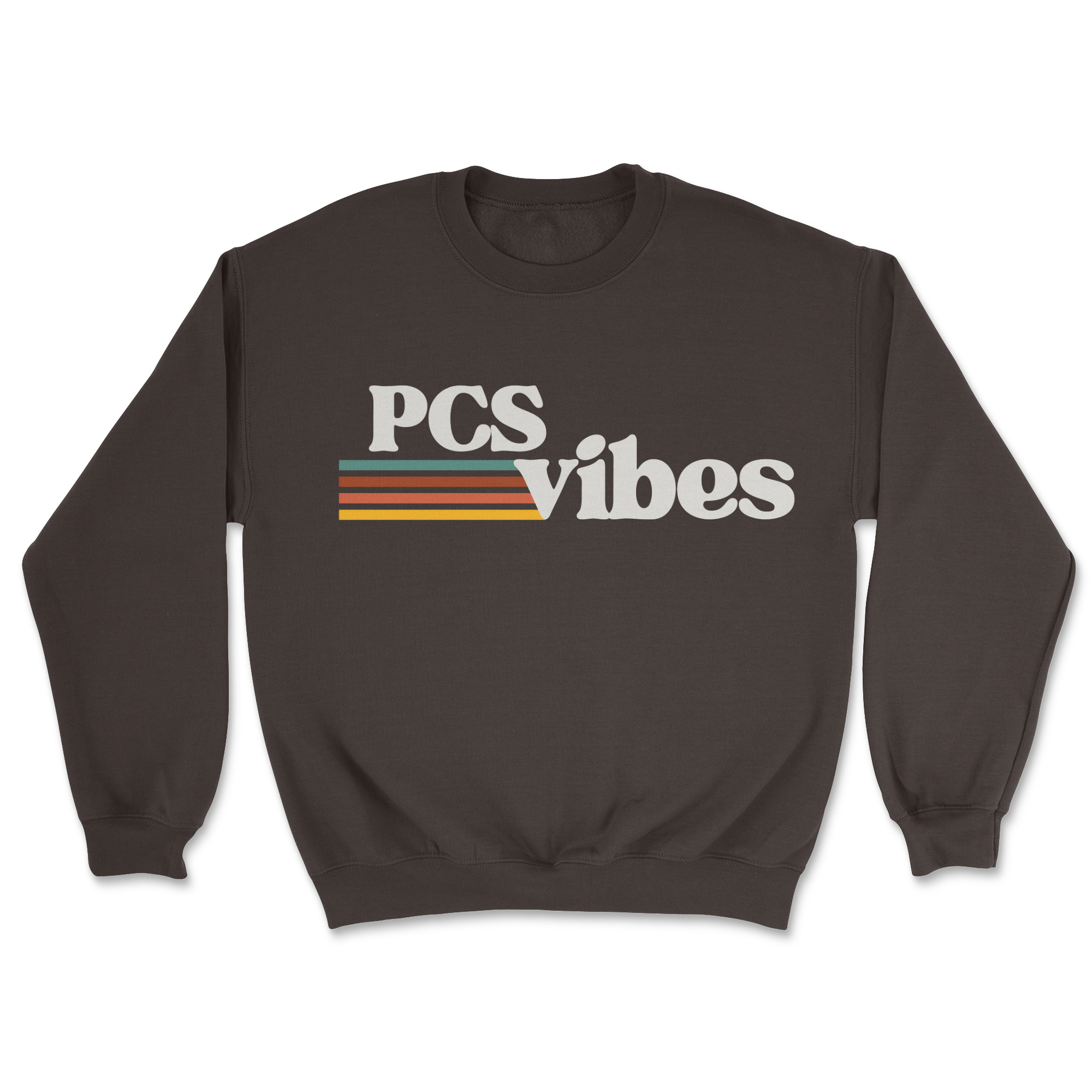 Brown sweatshirt with 'PCS vibes' text on a white background