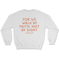Ash gray sweatshirt with small pocket print and full scripture verse across the back