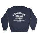 Navy blue sweatshirt with white text and American flag graphic on a white background