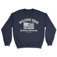 Navy blue sweatshirt with white text and American flag graphic on a white background